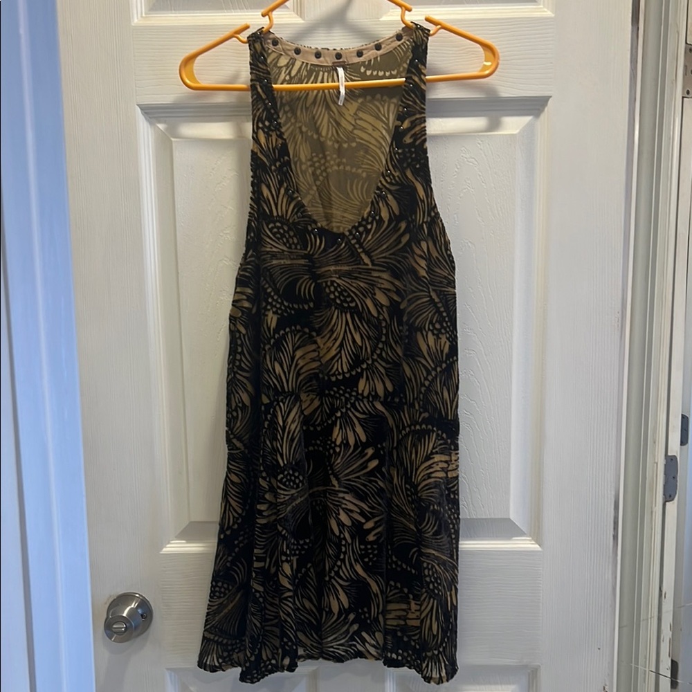 Free People Black and Tan Velvety Sleeveless Dress with Studded Neckline NWOT